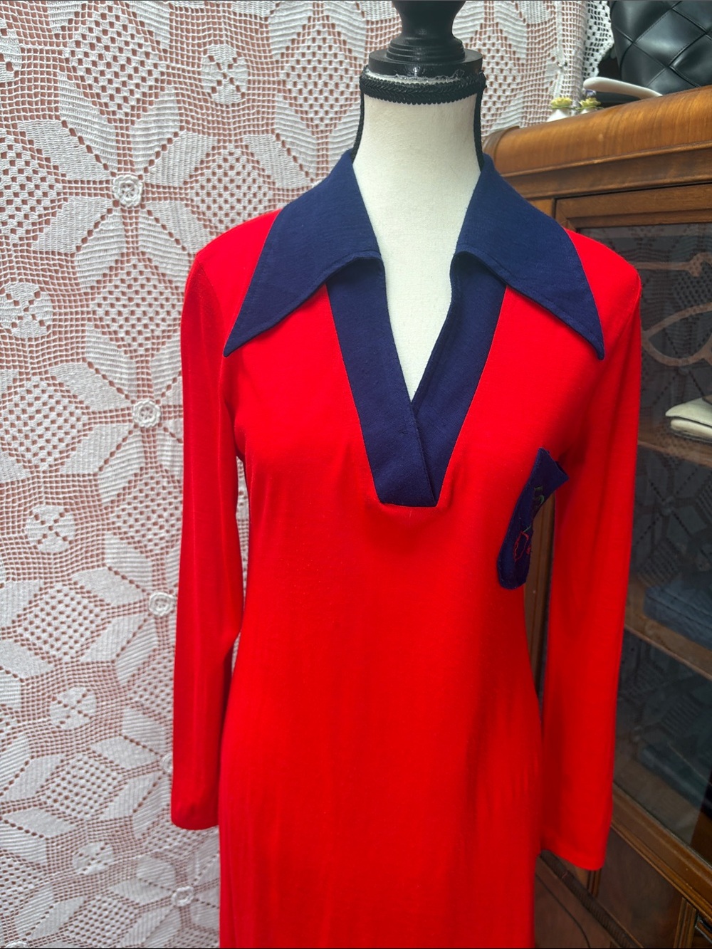 Women's Red Maxi Dress with Navy Collar - Picture 5 of 11